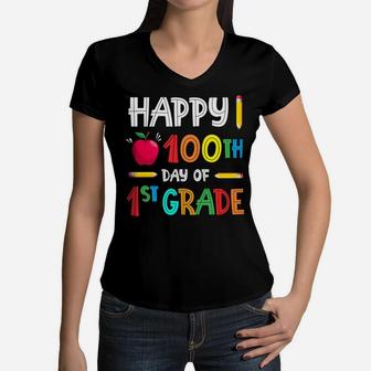 Happy 100Th Day Of 1St Grade Teacher Student Or Child Kids Women V-Neck T-Shirt | Crazezy CA