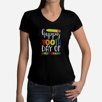 Happy 100th Day Of First Grade Colorful Pencil 100 Days Of School Women V-Neck T-Shirt - Seseable
