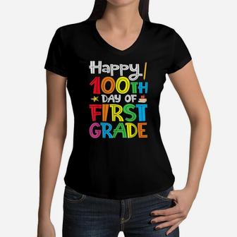 Happy 100Th Day Of First Grade For Boys Girls Students Women V-Neck T-Shirt | Crazezy DE