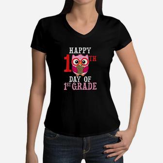 Happy 100Th Day Of First Grade Owl Cute Teacher Student Girl Women V-Neck T-Shirt | Crazezy AU