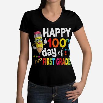 Happy 100Th Day Of First Grade Shirt For Girl Boy & Teacher Women V-Neck T-Shirt | Crazezy UK