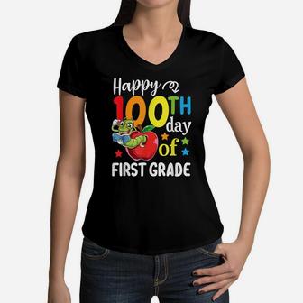 Happy 100Th Day Of First Grade Shirt For Girl Boy & Teacher Women V-Neck T-Shirt | Crazezy CA