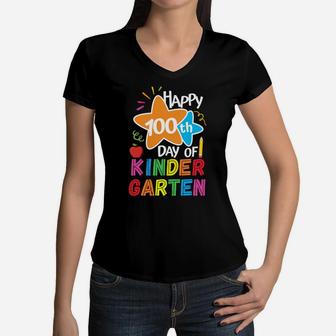 Happy 100Th Day Of Kindergarten For Teacher & Student Kids Women V-Neck T-Shirt | Crazezy UK
