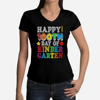 Happy 100Th Day Of Kindergarten Teacher Student Boy Girl Women V-Neck T-Shirt | Crazezy