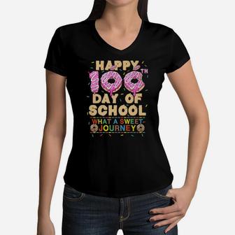 Happy 100Th Day Of School Donut Lovers Student Boy Girl Gift Women V-Neck T-Shirt | Crazezy DE