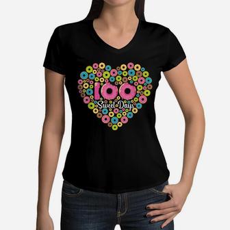 Happy 100Th Day Of School Donuts 100 Sweet Days Teacher Kids Women V-Neck T-Shirt | Crazezy