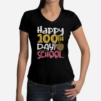 Happy 100Th Day Of School Gift Teacher Girls Student Leopard Women V-Neck T-Shirt | Crazezy