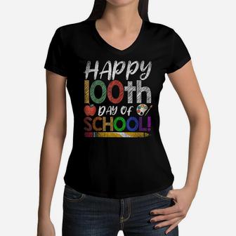 Happy 100Th Day Of School Kids Boys Girls 100 Days Of School Women V-Neck T-Shirt | Crazezy