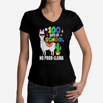 Happy 100Th Day Of School Llama Funny Teacher Student Kids Women V-Neck T-Shirt | Crazezy
