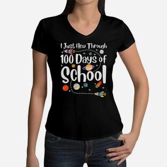 Happy 100Th Day Of School Space Funny Teacher Student Kids Women V-Neck T-Shirt | Crazezy AU
