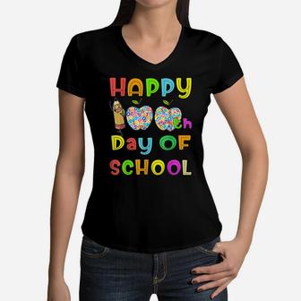 Happy 100Th Day Of School Teacher Or Student Kids Funny Gift Women V-Neck T-Shirt | Crazezy