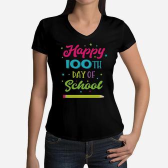 Happy 100Th Day Of School Teacher Students 100 Days Kids Sweatshirt Women V-Neck T-Shirt | Crazezy