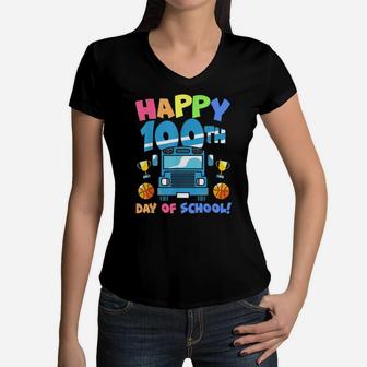 Happy 100Th Day Of School Truck Boys Kids 100 Days Of School Women V-Neck T-Shirt | Crazezy