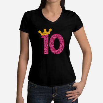 Happy Birthday Girls 10Th Party 10 Years Old Bday Women V-Neck T-Shirt | Crazezy UK