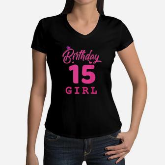 Happy Birthday Girls 15Th Party 15 Years Old Women V-Neck T-Shirt | Crazezy AU