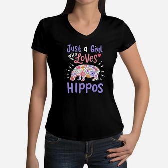 Hippo Hippopotamus Just A Girl Who Loves Hippos Gift Women V-Neck T-Shirt | Crazezy UK