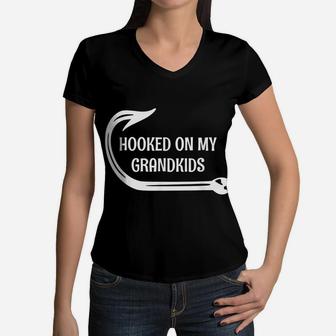 Hooked On My Grandkids, Fishing For Grand Parents Women V-Neck T-Shirt | Crazezy CA