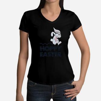 Hoppy Easter Cute Happy Easter Bunny Boy Girl Kids Women V-Neck T-Shirt | Crazezy UK