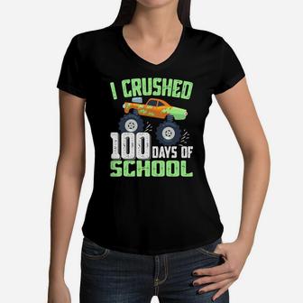 I Crushed 100 Days Of School Monster Truck Gifts Boys Kids Women V-Neck T-Shirt | Crazezy AU