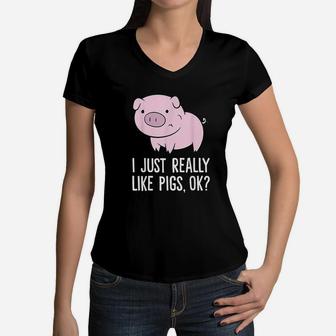 I Just Really Like Pigs Ok Kids Boys Love Pigs Women V-Neck T-Shirt | Crazezy