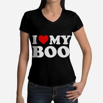 I Love My Boo Boyfriend Bf - Red Heart Women V-Neck T-Shirt | Crazezy AU