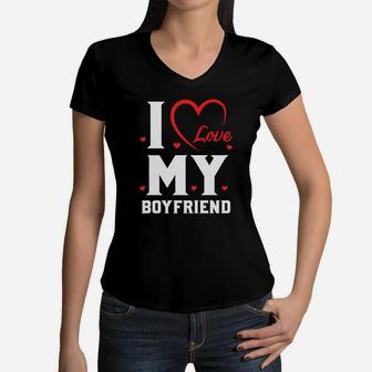 I Love My Boy Friend Romantic Valentine Gift Happy Valentines Day Women V-Neck T-Shirt - Seseable