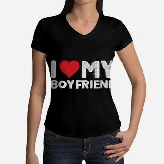 I Love My Boyfriend Cute I Heart My Boy Friend Bf Funny Women V-Neck T-Shirt | Crazezy