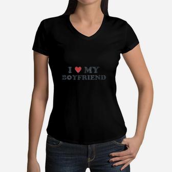 I Love My Boyfriend Dark Women V-Neck T-Shirt | Crazezy UK