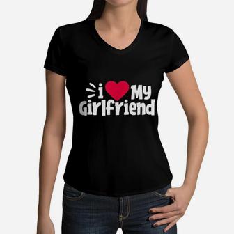 I Love My Girlfriend Couples Boyfriend Valentine's Day Women V-Neck T-Shirt - Monsterry