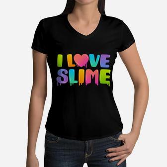 I Love Slime Diy Slime Lovers Kids Girls Boys Heart Rainbow Women V-Neck T-Shirt | Crazezy