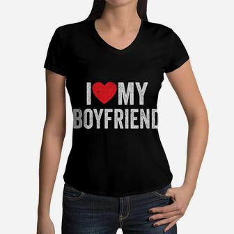 I Red Heart My Boyfriend Gf - I Love My Boyfriend Women V-Neck T-Shirt | Crazezy AU