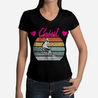 I Ski Like A Girl Try To Keep Up Funny Ski Skiing Gift Skier Women V-Neck T-Shirt | Crazezy DE