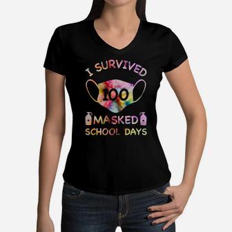I Survived 100 Masked School Days For Kids Teacher Student Sweatshirt Women V-Neck T-Shirt | Crazezy DE