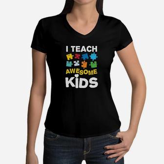 I Teach Awesome Kids Women V-Neck T-Shirt | Crazezy CA