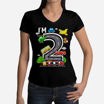 I'm 2 Birthday Boy 2Nd Bday Train Car Fire Truck Airplane Women V-Neck T-Shirt | Crazezy AU