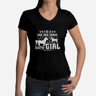 Im A Dog And Horse Kind Of Girl Paw Print Horseshoe Gift Women V-Neck T-Shirt | Crazezy CA
