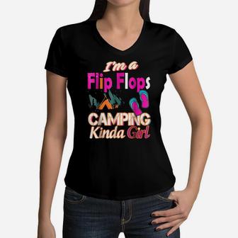 I'm A Flipflops Camping Kinda Girl Novelty Tshirt Women V-Neck T-Shirt | Crazezy CA