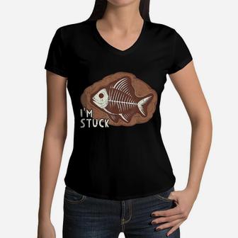 I'm Stuck Funny Fossil Fish Kids Boys Archeology Dinosaur Women V-Neck T-Shirt | Crazezy
