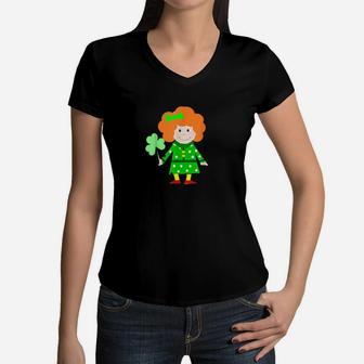 Irish Girl Holding A Shamrock For St Patricks Day Women V-Neck T-Shirt - Monsterry AU