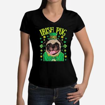 Irish Pug Leprechaun St Patricks Day Boys Dog Lover Women V-Neck T-Shirt - Monsterry