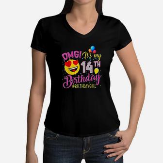 Its My 14Th Birthday Girl 14 Years Old Birthday Women V-Neck T-Shirt | Crazezy