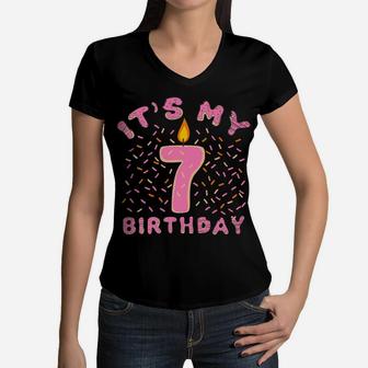 It's My 7Th Birthday Shirt Girls 7 Years Old Donut Lover Women V-Neck T-Shirt | Crazezy