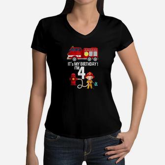 Its My Birthday Fire Truck Fireman 4 Birthday Boy Women V-Neck T-Shirt | Crazezy AU