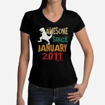 January 2011 Dinosaur 10Th Birthday 10 Year Old Gift Boy Women V-Neck T-Shirt | Crazezy DE