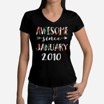 January Girls 2010 Birthday Gift 11 Years Awesome Since 2010 Women V-Neck T-Shirt | Crazezy