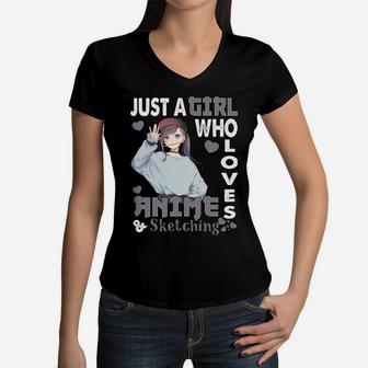 Japanese Anime Drawing Gifts Just A Girl Who Loves Sketching Women V-Neck T-Shirt | Crazezy UK