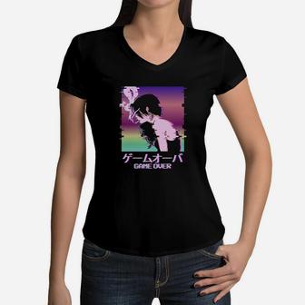 Japanese Sad Girl Game Over Indie Aesthetic Women V-Neck T-Shirt | Crazezy AU