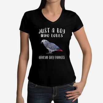 Just A Boy Who Loves African Grey Parrot Bird Lover Women V-Neck T-Shirt | Crazezy AU
