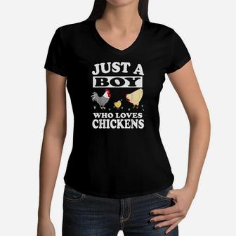 Just A Boy Who Loves Chickens Farm Chicken Gift Women V-Neck T-Shirt | Crazezy UK