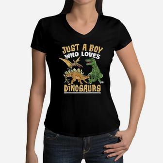 Just A Boy Who Loves Dinosaurs Women V-Neck T-Shirt | Crazezy CA